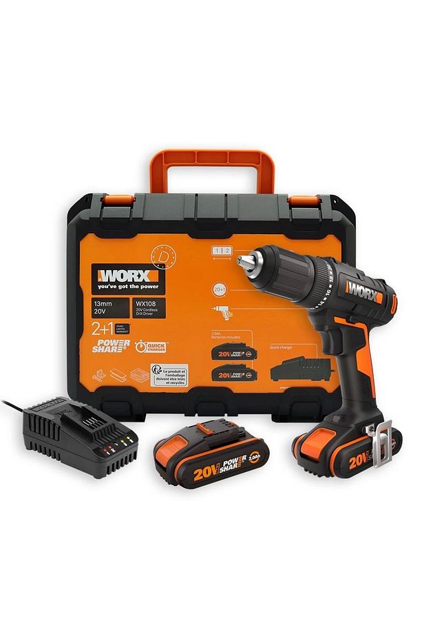 Wx108 20volt/2.0ah. Li-ion Çift Akülü Profesyonel Şarjlı Matkap - 1