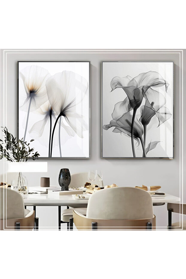 Hari̇kabi̇rev | H&Black and White Abstract Flower Combination | Framed Glass Table 2 Pieces Vertical