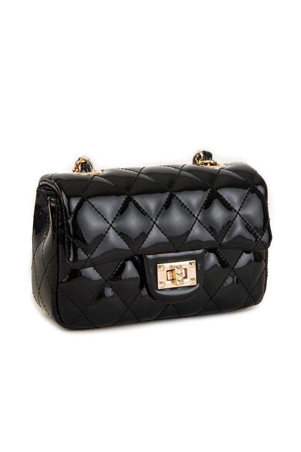 Women's Crossbody Bag with Quilted Chain Detail - Black Patent Leather