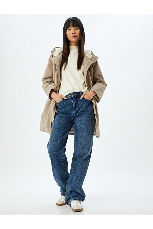 Hooded Parka with Buttons, Plush Collar Detail, Pockets and Zipper