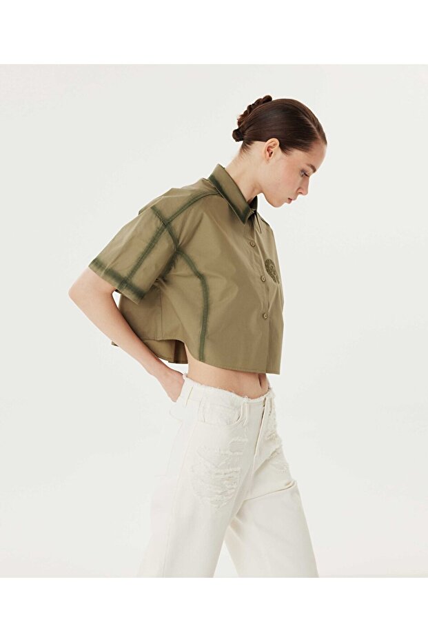 Nakışlı crop gömlek - 5