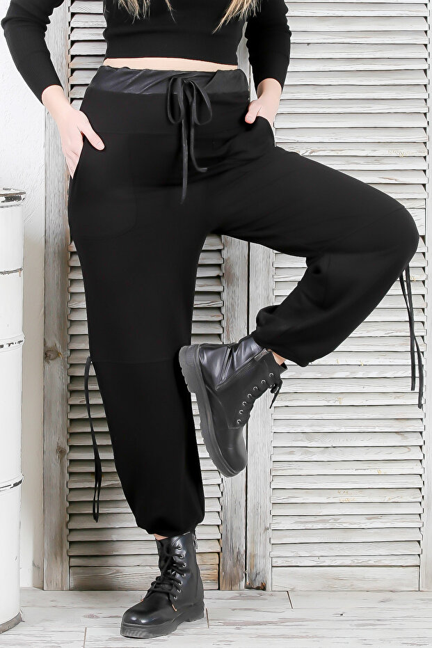 Black Double Pocket Leather Garnished Elastic and Tied Waist Jogger Leg Casual Knitted Trousers