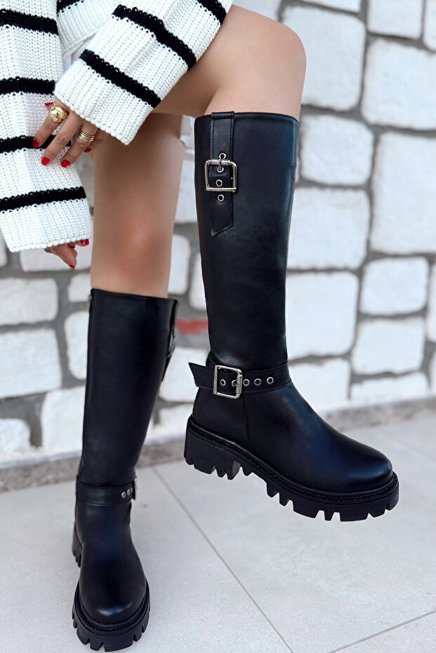 Women's Rose Thick Sole Belt Detailed Below the Knee Zippered Comfortable Matte Leather Boots