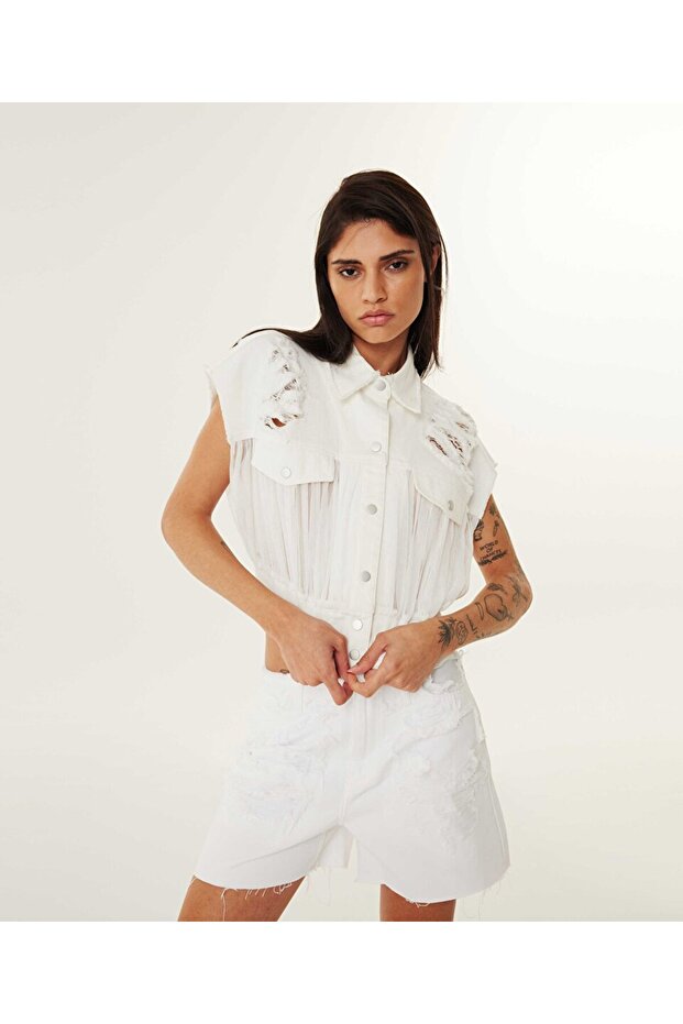 Eskitme efektli jean şort - 2