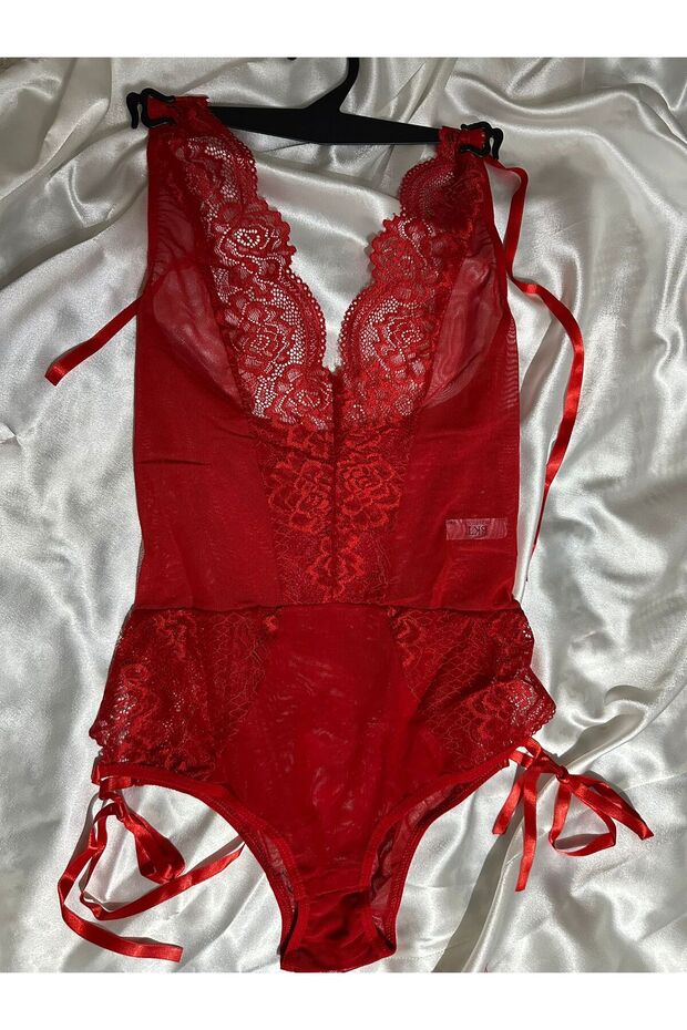 Kırmızı Dantelli Bodysuit - 5