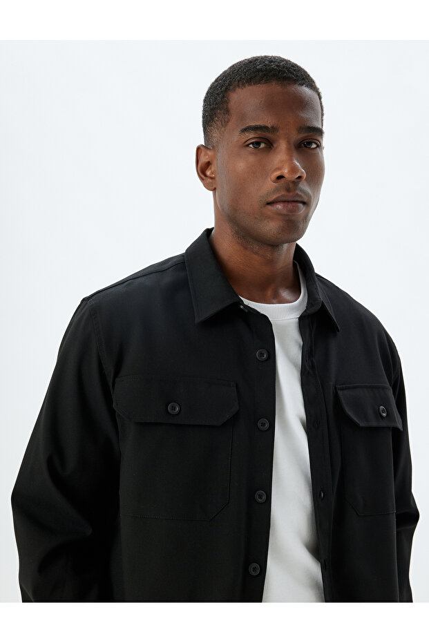 Long Sleeve Shirt with Flap Pocket Detail Viscose Blend