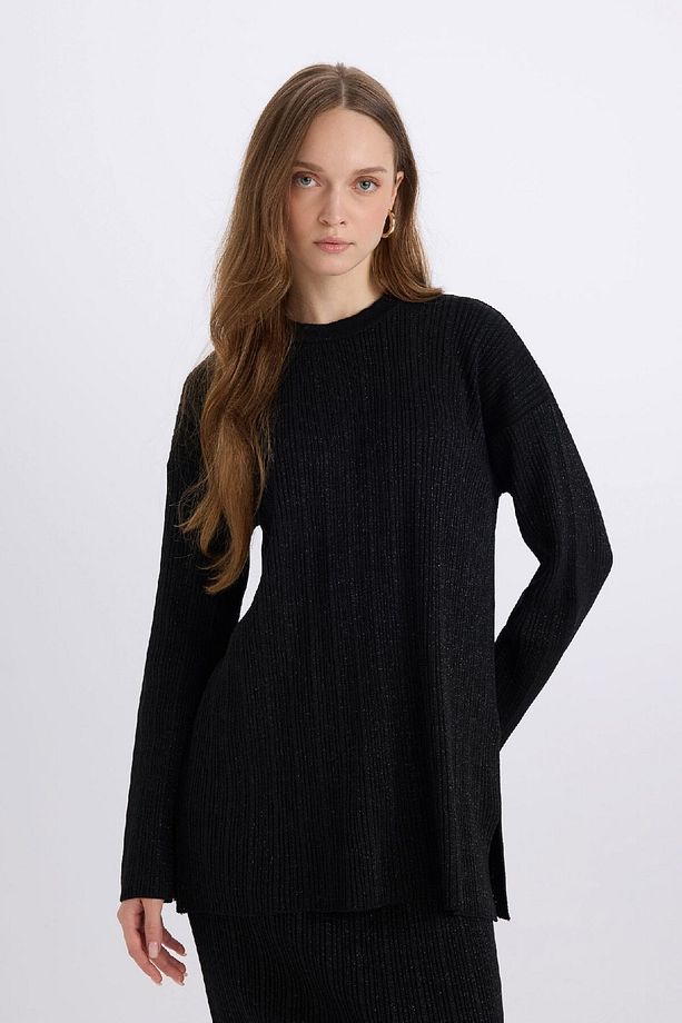 Relax Fit Bisiklet Yaka Basic Düz Triko Kazak Tunik D8633AX24WN - 4