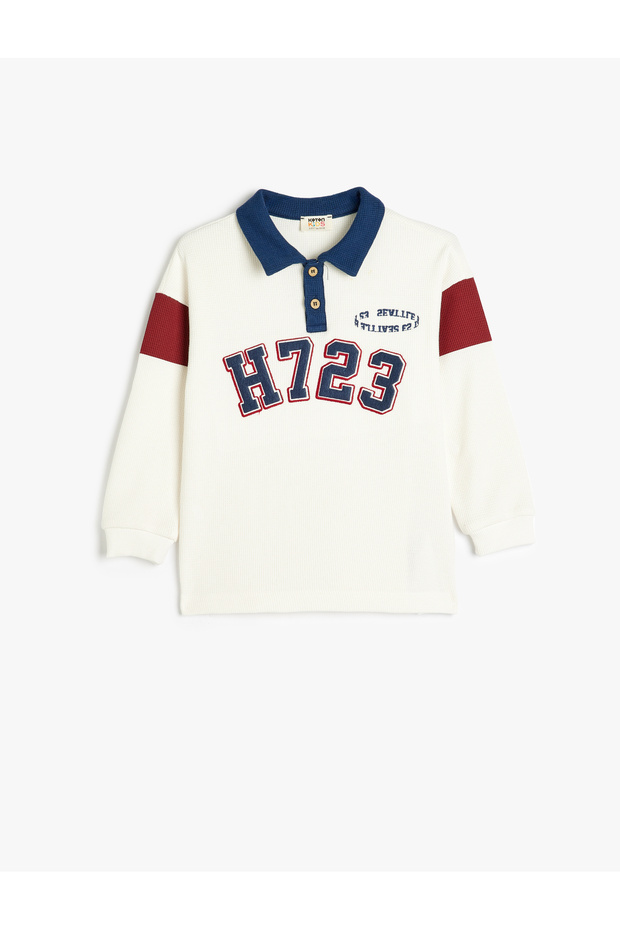 Polo Neck Sweatshirt College Printed Long Sleeve Button Detail