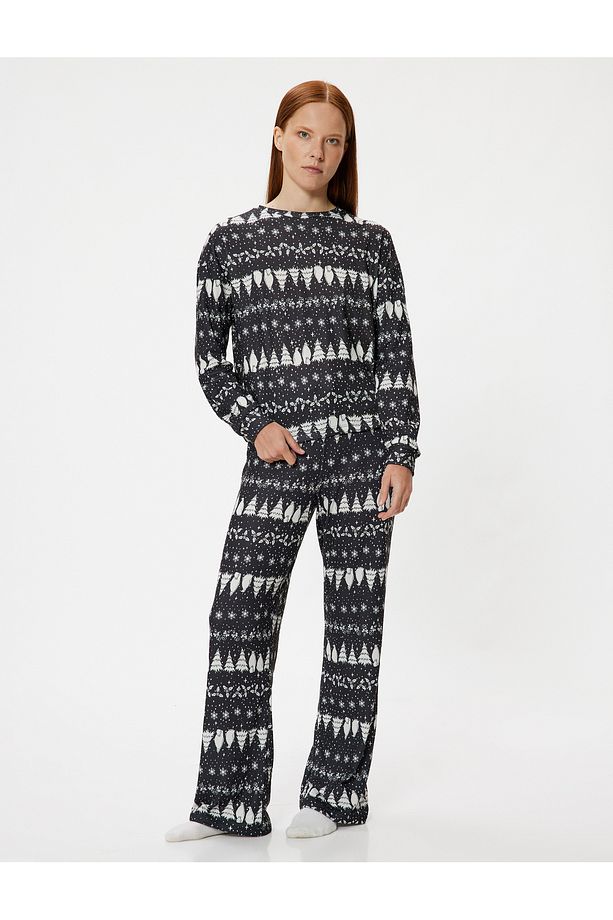 Baskılı Uzun Kollu Bisiklet Yaka Yılbaşı Temalı Pijama Üstü - 2