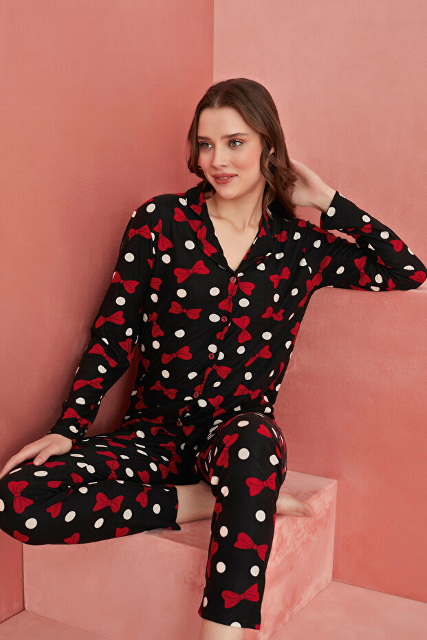 Siyah Kurdela Puan Desenli Önden Düğmeli Süet Pijama Takım - 1