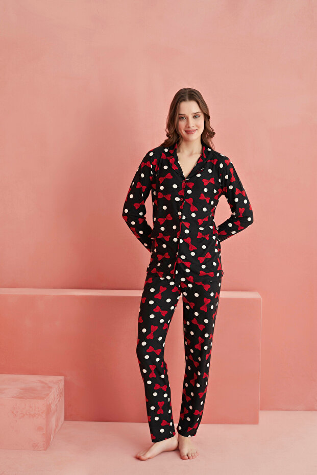 Siyah Kurdela Puan Desenli Önden Düğmeli Süet Pijama Takım - 2
