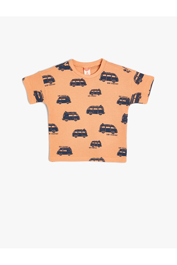 T-Shirt Short Sleeve Car Printed Crew Neck Textured Cotton