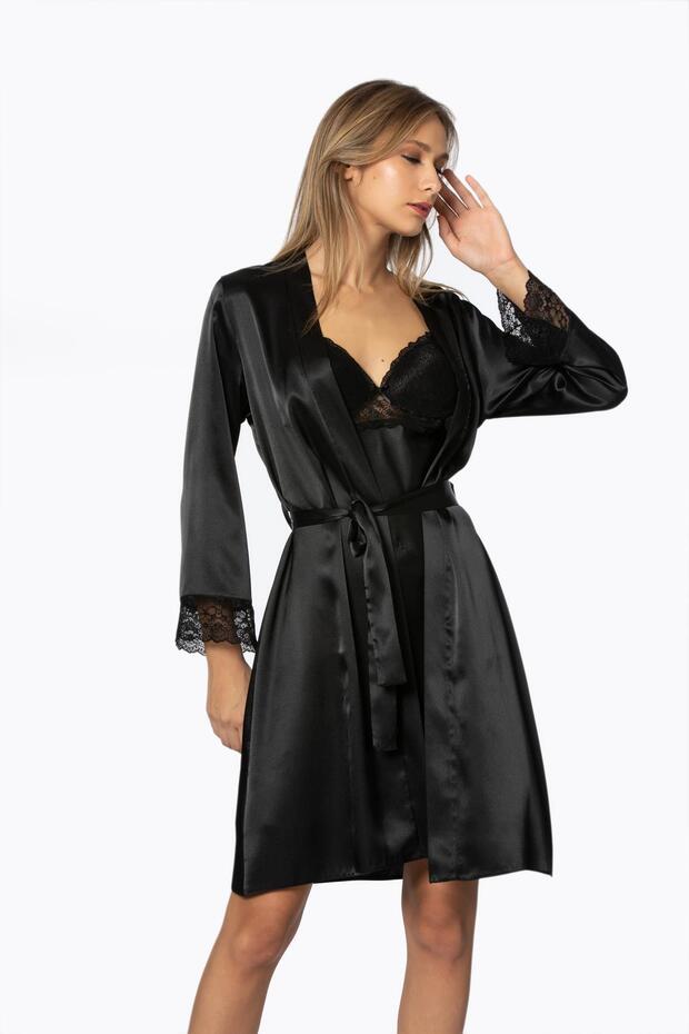 Satin Lace Women's Nightgown and Dressing Gown Set - 4285 Black
