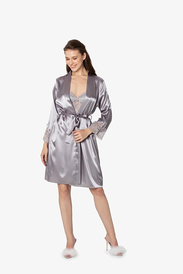 Satin Lace Women's Nightgown and Dressing Gown Set - 4300 Royal