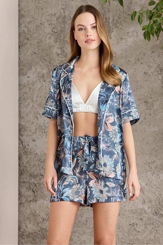 3-Piece Women's Pajama Set with Satin Printed Crop - 1210 Green