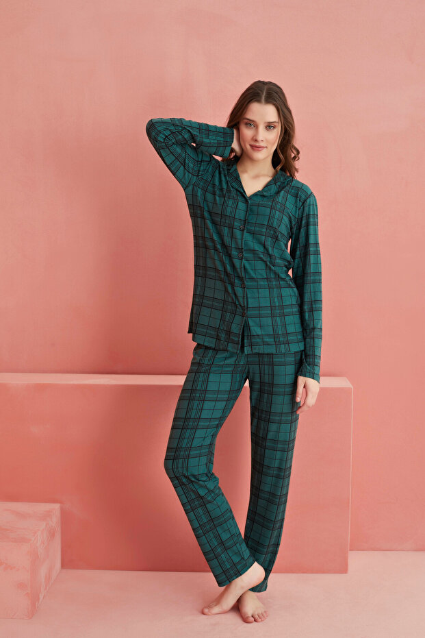 Yeşil Ekose Desenli Önden Düğmeli Süet Pijama Takım - 2