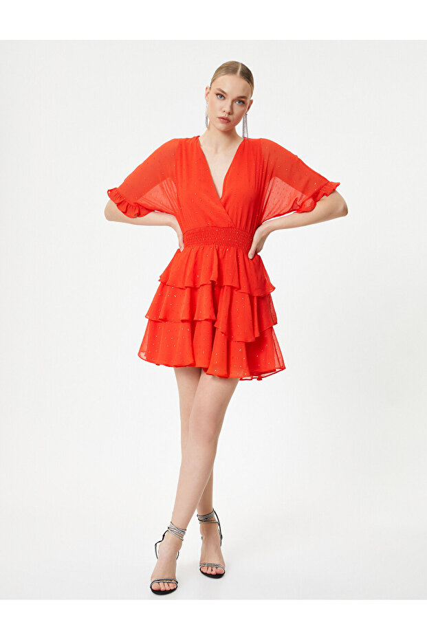 Mini Tulle Dress Ruffled Layered Glitter Double Breasted Collar Short Sleeve