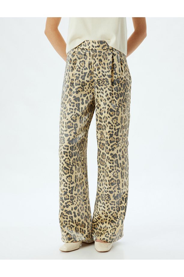 Leopar Pantolon Yüksek Bel Bol Paça Viskon Kumaş - 3