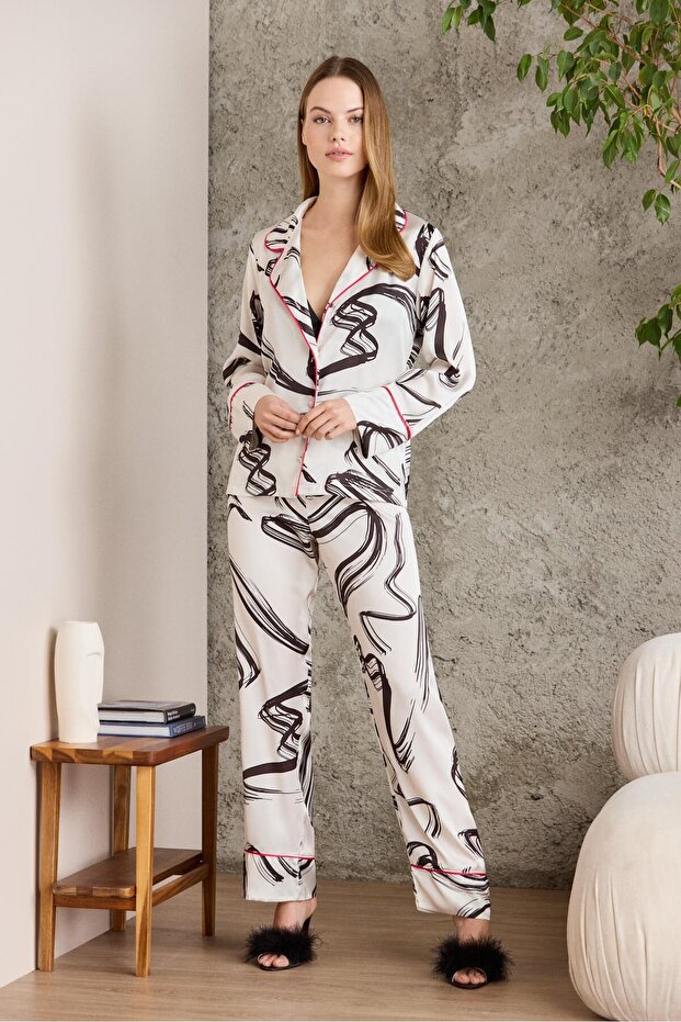 3-Piece Women's Pajama Set with Satin Printed Crop - 1230 Ecru