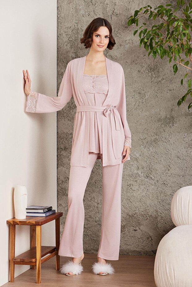 Lace Combed Cotton 3-Piece Women's Maternity Pajama Set - 2805