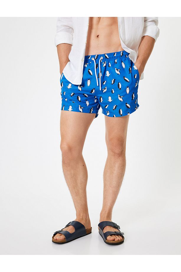 Oversize Deniz Şortu Kısa Penguen Desenli Beli Bağcıklı - 3