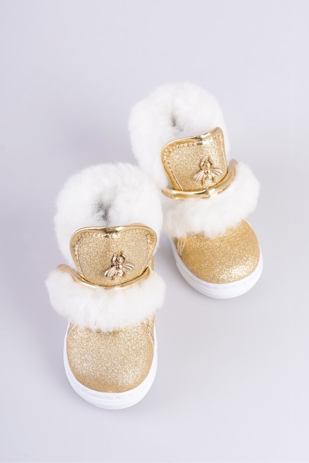 Gold Glittery Furry Bee Detailed Velcro Non-Slip Sole Girl's Boots