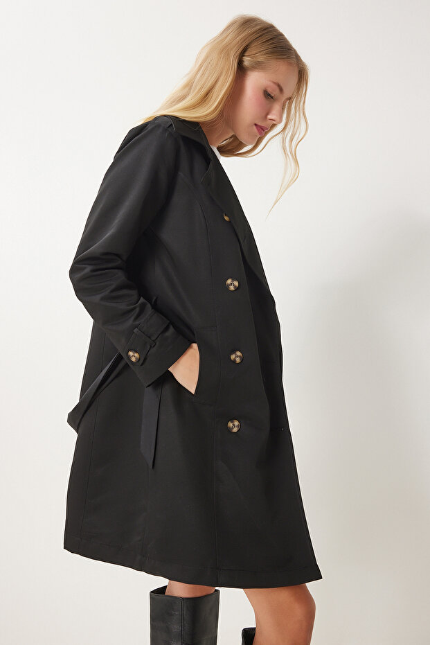 Schwarzer zweireihiger Damen-Trenchcoat mit Kragen und Gürtel, DD01345 - 6