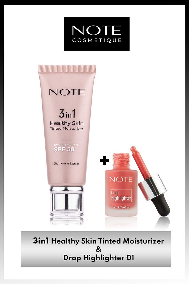 3 In 1 Tinted Ton Eşitleyici 50 Spf Krem & Drop Highlighter 01 Likit Aydınlatıcı Makyaj Seti - 1