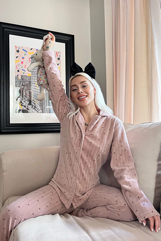 Brown Heart Patterned Front Buttoned Plush Fleece Pajama Set - 2