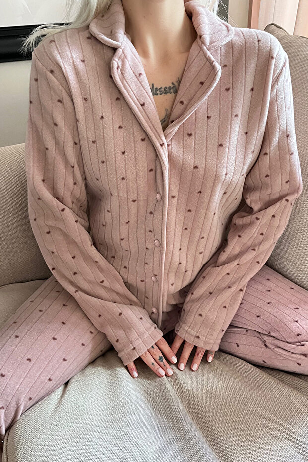 Brown Heart Patterned Front Buttoned Plush Fleece Pajama Set - 4