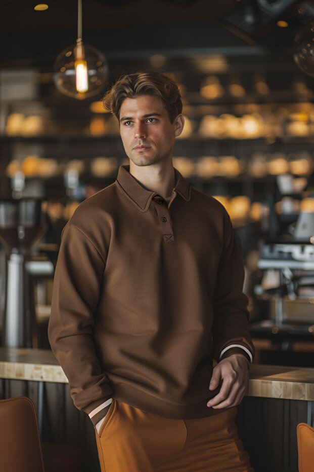 Kahverengi Regular/Normal Kesim Düğmeli Polo Yaka Kalın İçi Polarlı Sweatshirt TMNAW24SW00107 - 2