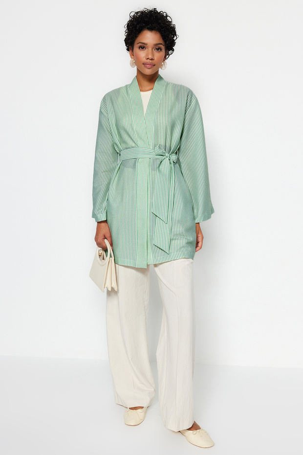 Mint Belted Woven Seersucker Striped Kimono & Kaftan TCTSS23KK00001