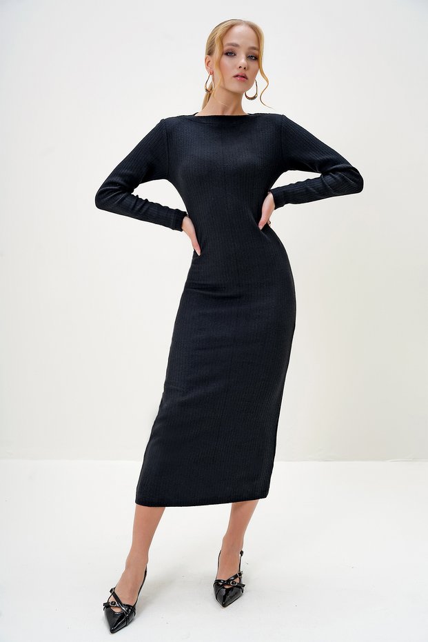 Women's Black Crew Neck Long Sleeve Interlock Fabric Maxi Length Dress Alc-X13073