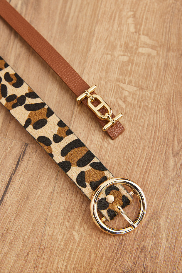 Women's Tan Leopard 2-Piece Ring Faux Leather Belt Set Kmr- 19000151