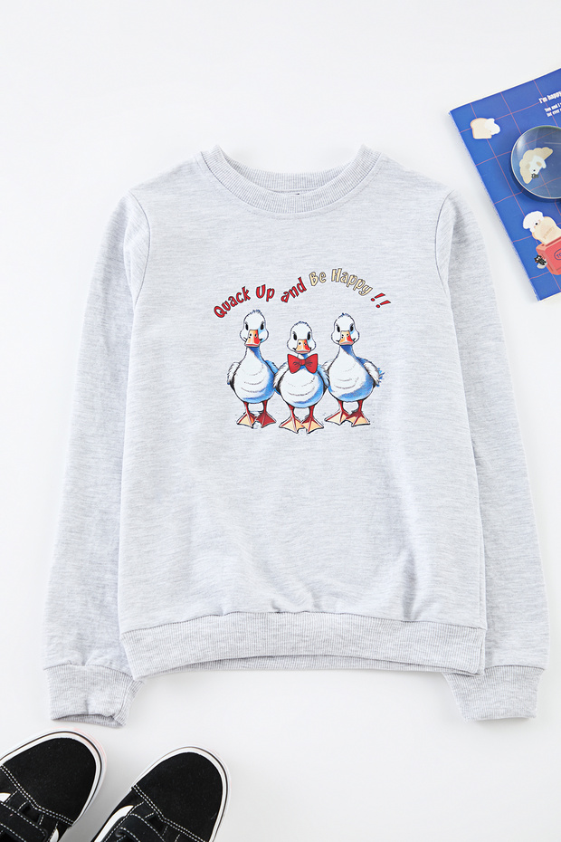 Gray Melange Boy's Printed Knitted Sweatshirt Tkdaw25Sw00086