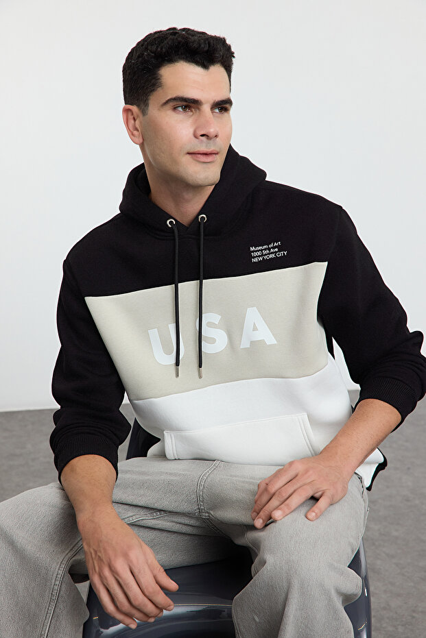 Siyah Oversize/Geniş Kesim Renk Bloklu City Baskılı Kapüşonlu Şardonsuz Sweatshirt TMNAW25SW00045 - 5