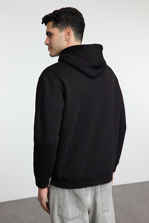 Siyah Oversize/Geniş Kesim Renk Bloklu City Baskılı Kapüşonlu Şardonsuz Sweatshirt TMNAW25SW00045 - 9