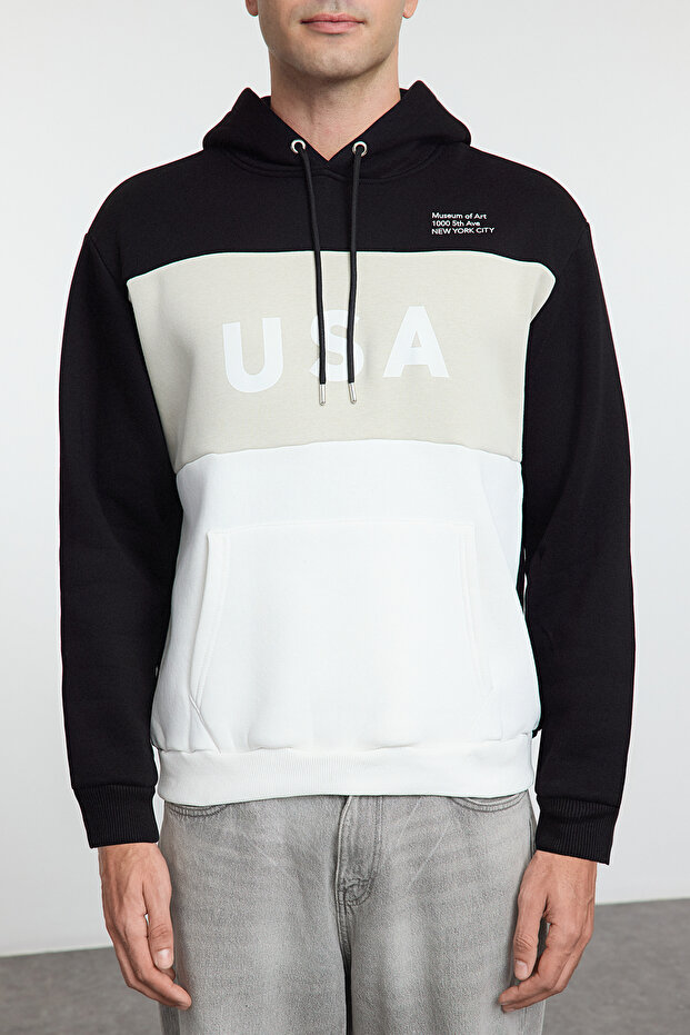 Siyah Oversize/Geniş Kesim Renk Bloklu City Baskılı Kapüşonlu Şardonsuz Sweatshirt TMNAW25SW00045 - 7