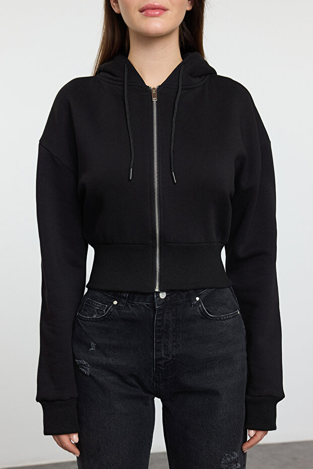 Siyah Crop Oversize Örme Sweatshirt TWOAW25SW00302 - 4