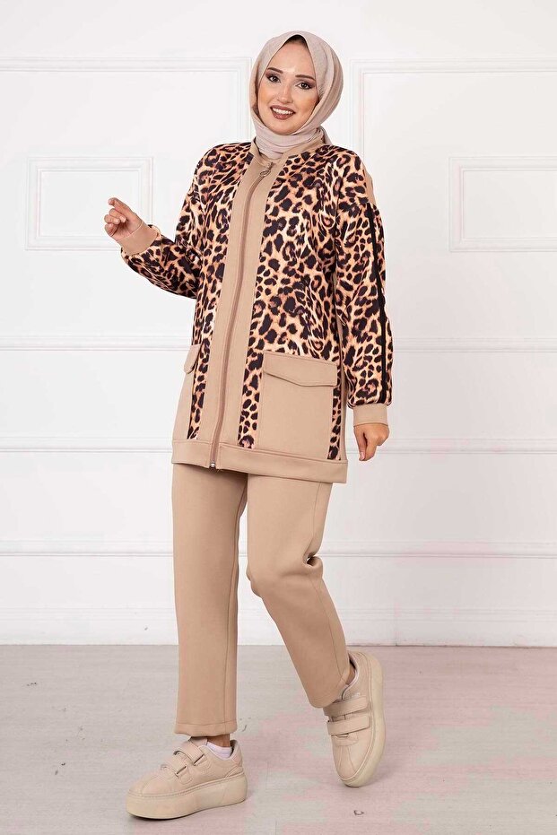 Scuba Leopard Patterned Double Suit Mink - 1