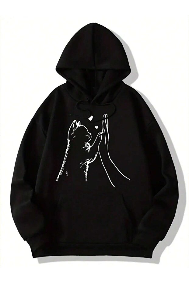 Cat Friendly Hand Printed Hooded Oversize Sweatshirt