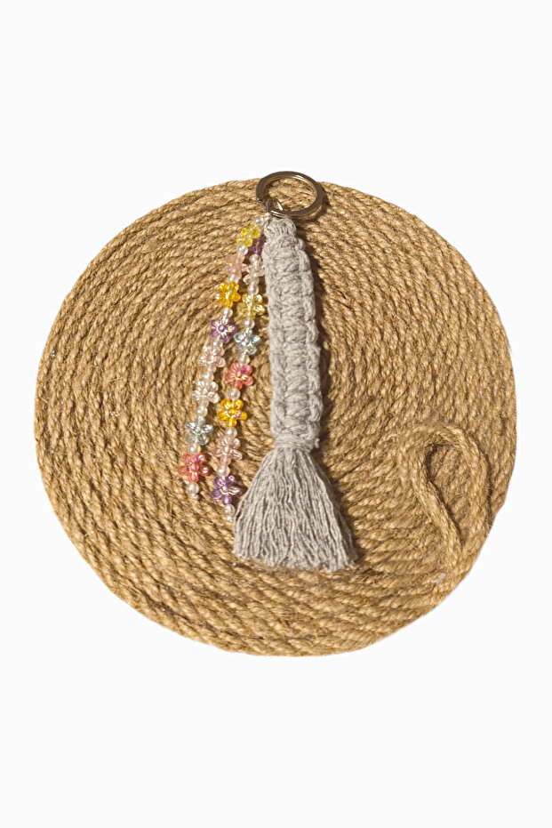 Gray - Transparent Flower Beaded - Plain Knitted Macrame Keychain/Bag Ornament