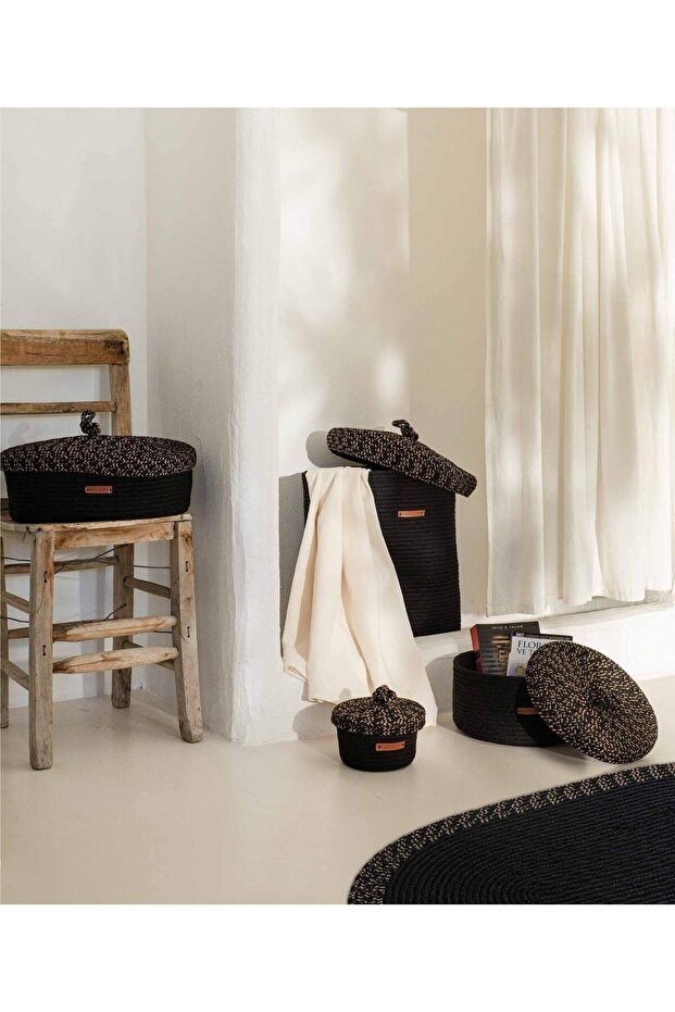 Handmade cotton black wicker decorative basket with lid 25cm 9003