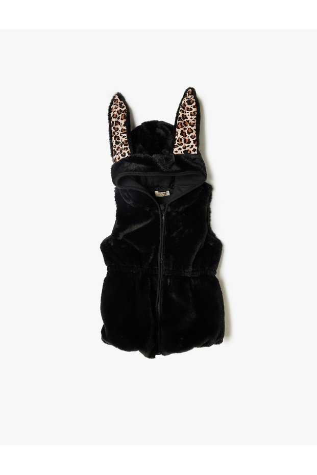 Hooded Plush Vest with Rabbit Ear Applique, Sleeveless