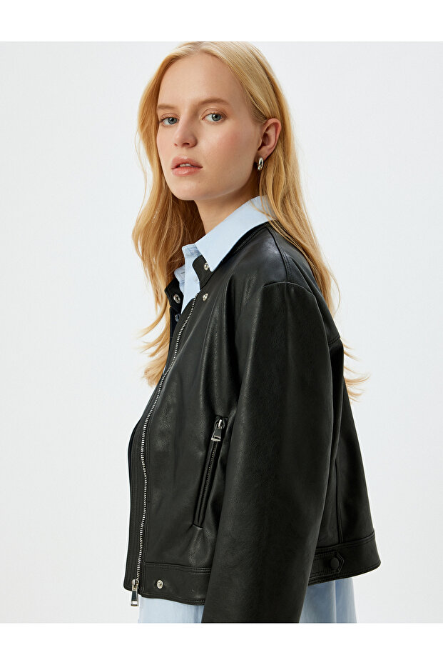 Zippered Pocketed Stand Collar Crop Faux Leather Jacket