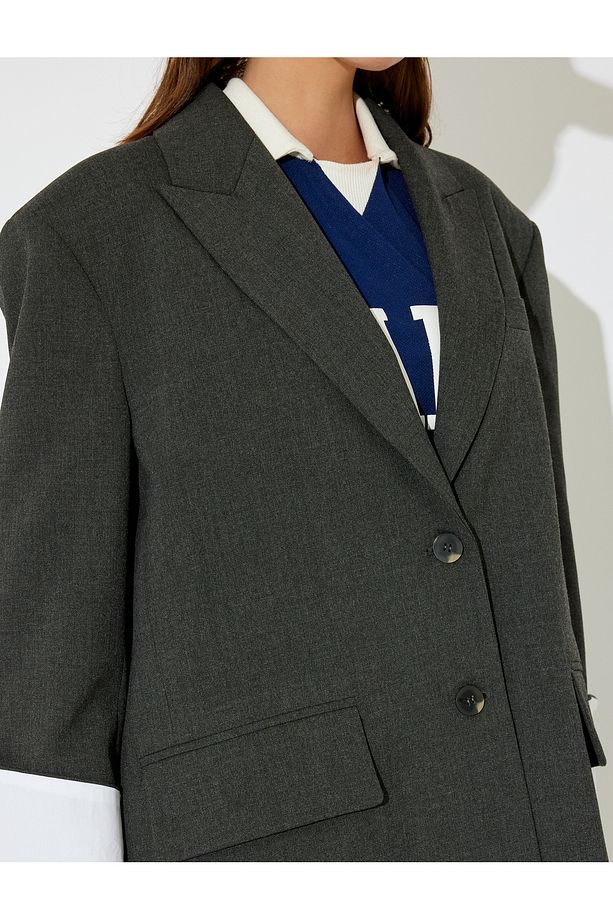 X Inji - Oversize Düğmeli Vatkalı Cep Detaylı Blazer Shacket - 6