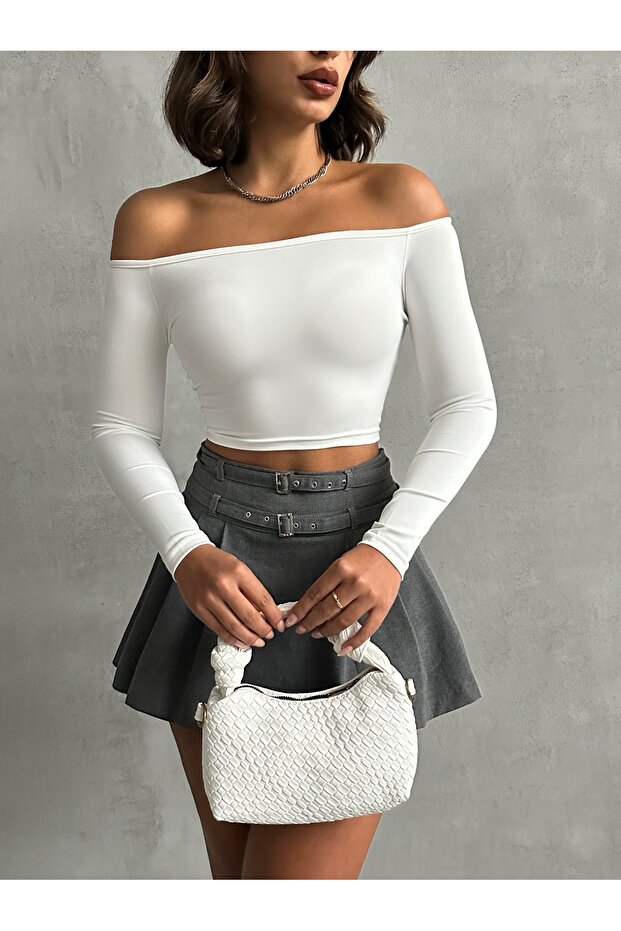 Women's Ecru Scuba Madonna Collar Crop Top