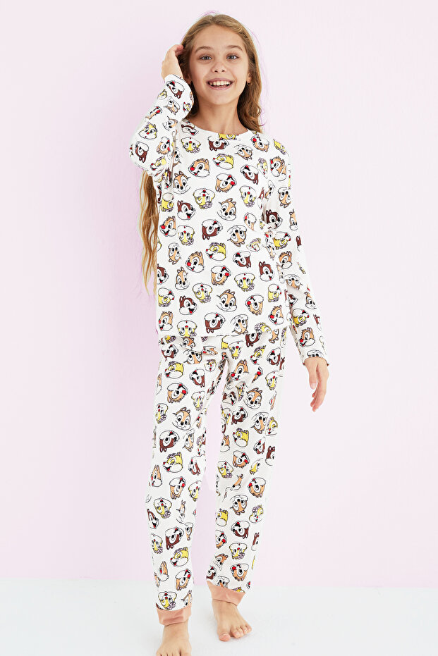 Girl's Ecru Colorful Patterned Cotton Pajama Set 24225702