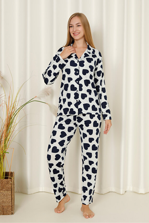 Mr 9508 Hearted Milan Soft Fabric Neck Buttoned Women's Pajamas Set