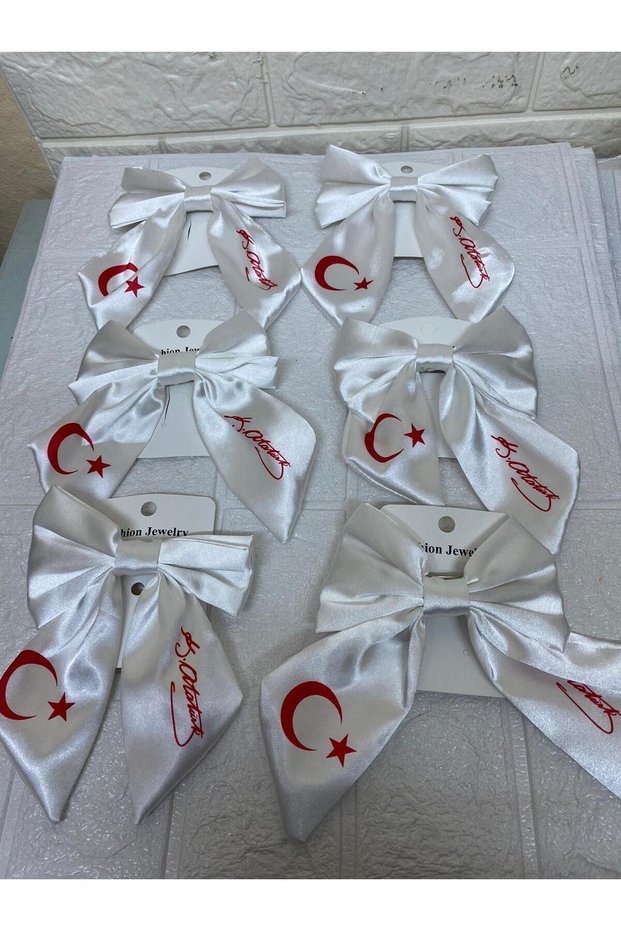 6 Pieces of 29 October White Moon Star Ataturk Signed Satin Bow Buckle - Holiday Buckle - Automatic Clip